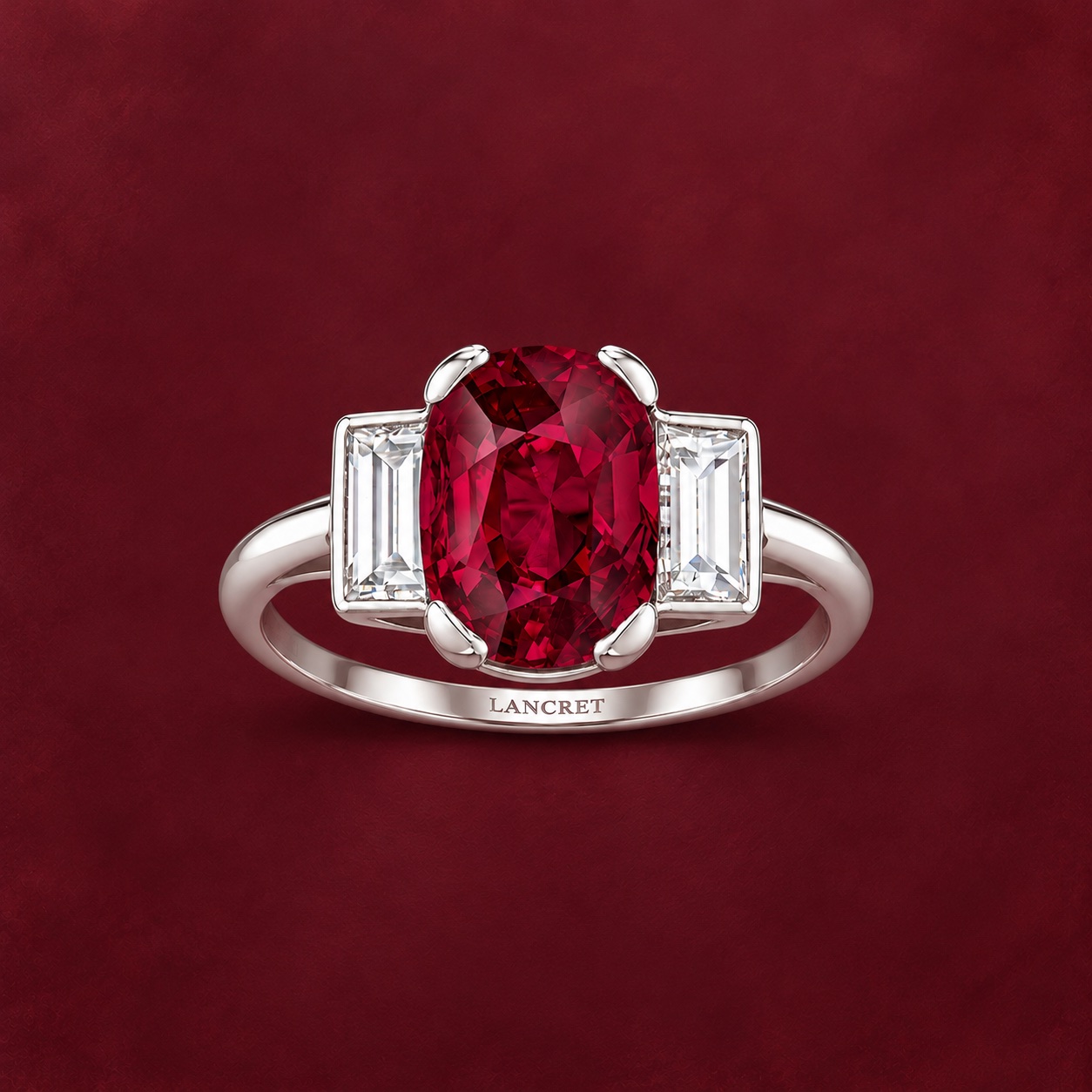 Oval Ruby Baguette Trilogy — Jewellery detail