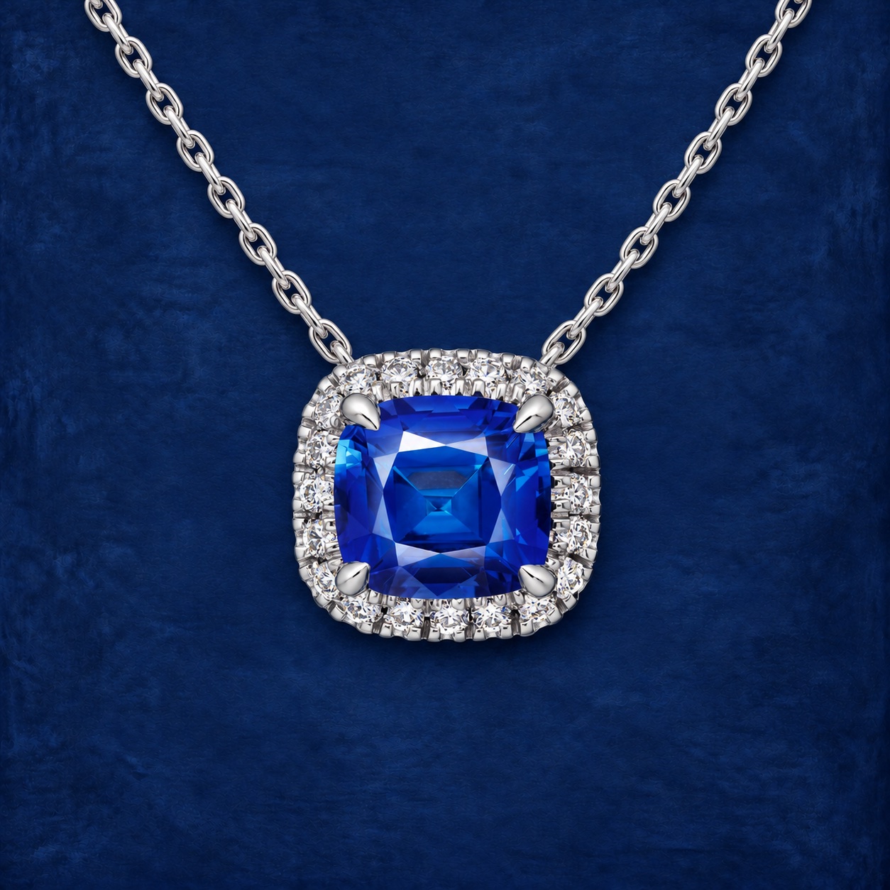 Cushion Sapphire Halo Pendant — Jewellery detail