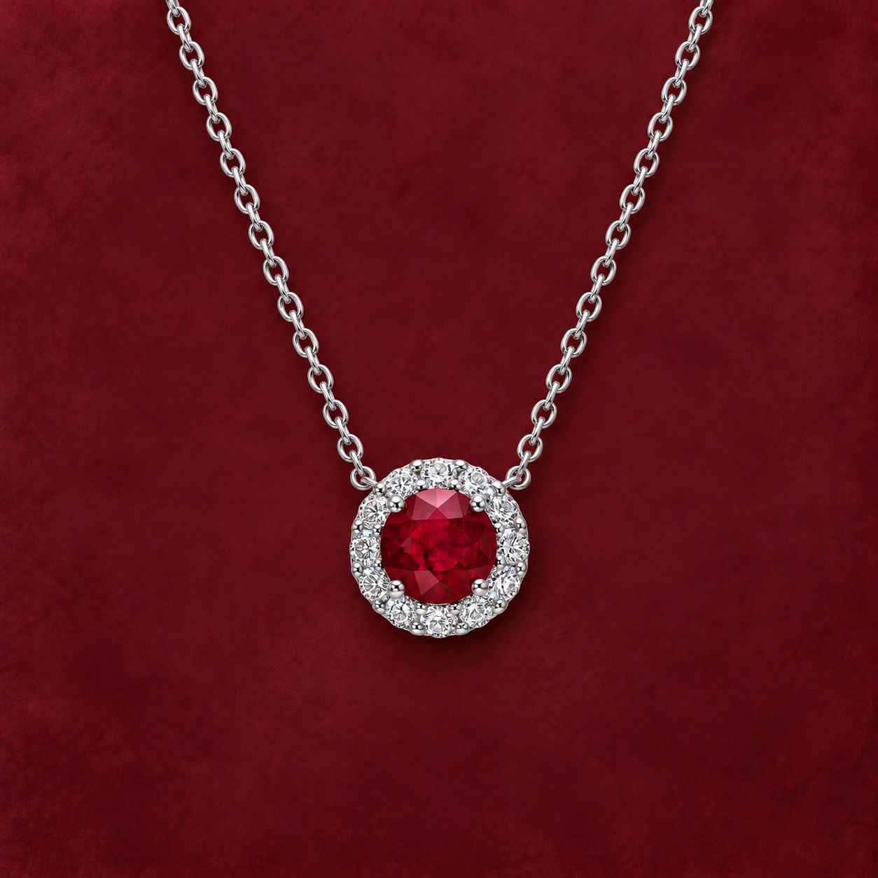 Round Ruby Halo Pendant — Jewellery detail