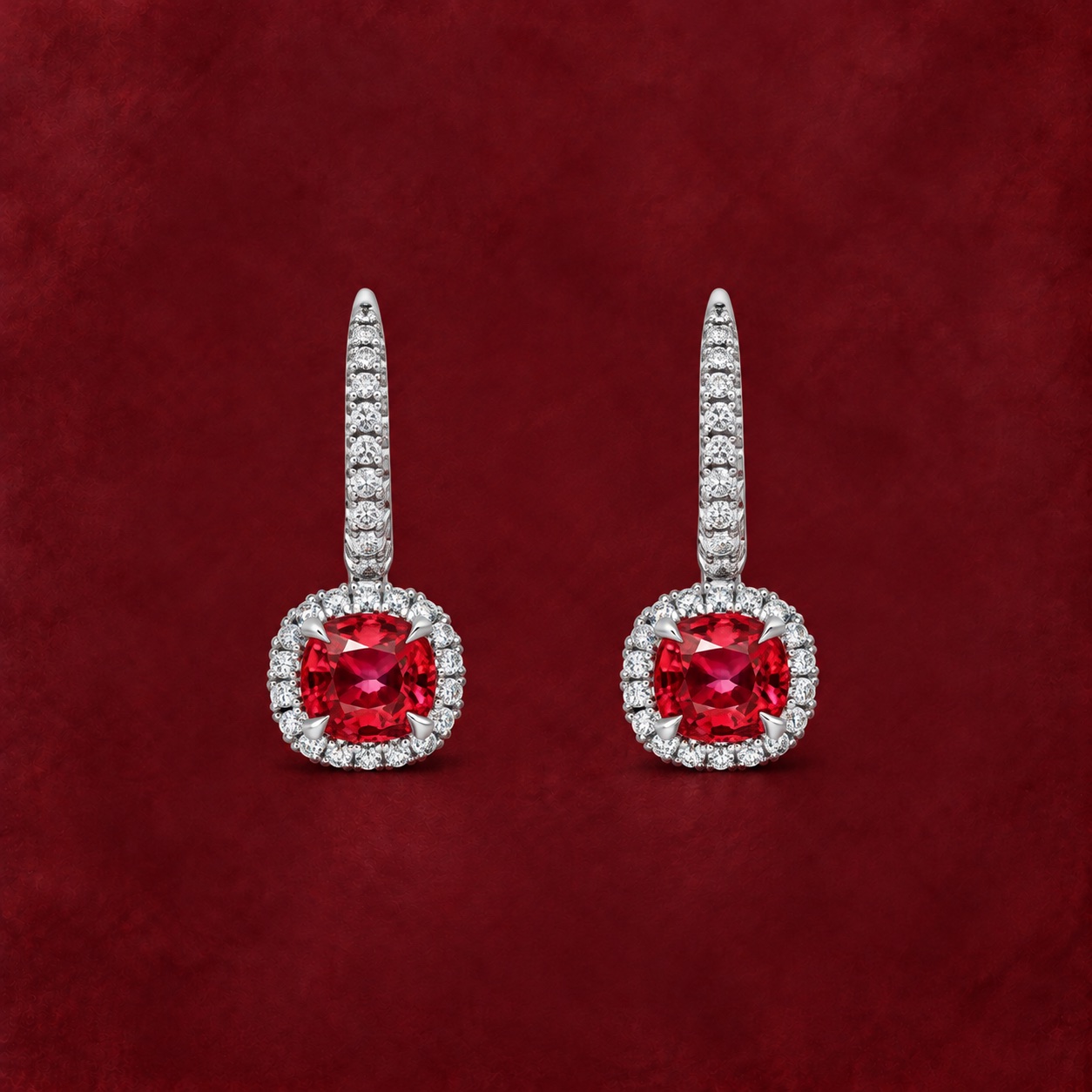 Cushion Ruby Halo Earrings — Jewellery detail