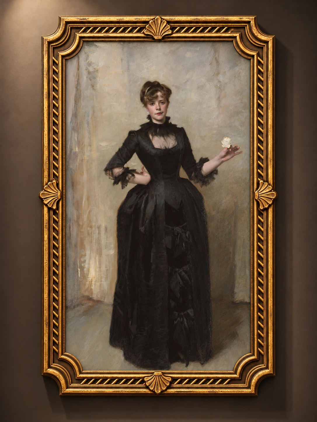 Victorian En Tremblant Brooch — John Singer Sargent · Lady with the Rose (Charlotte Louise Burckhardt) · 1882 in an antique gold shell frame