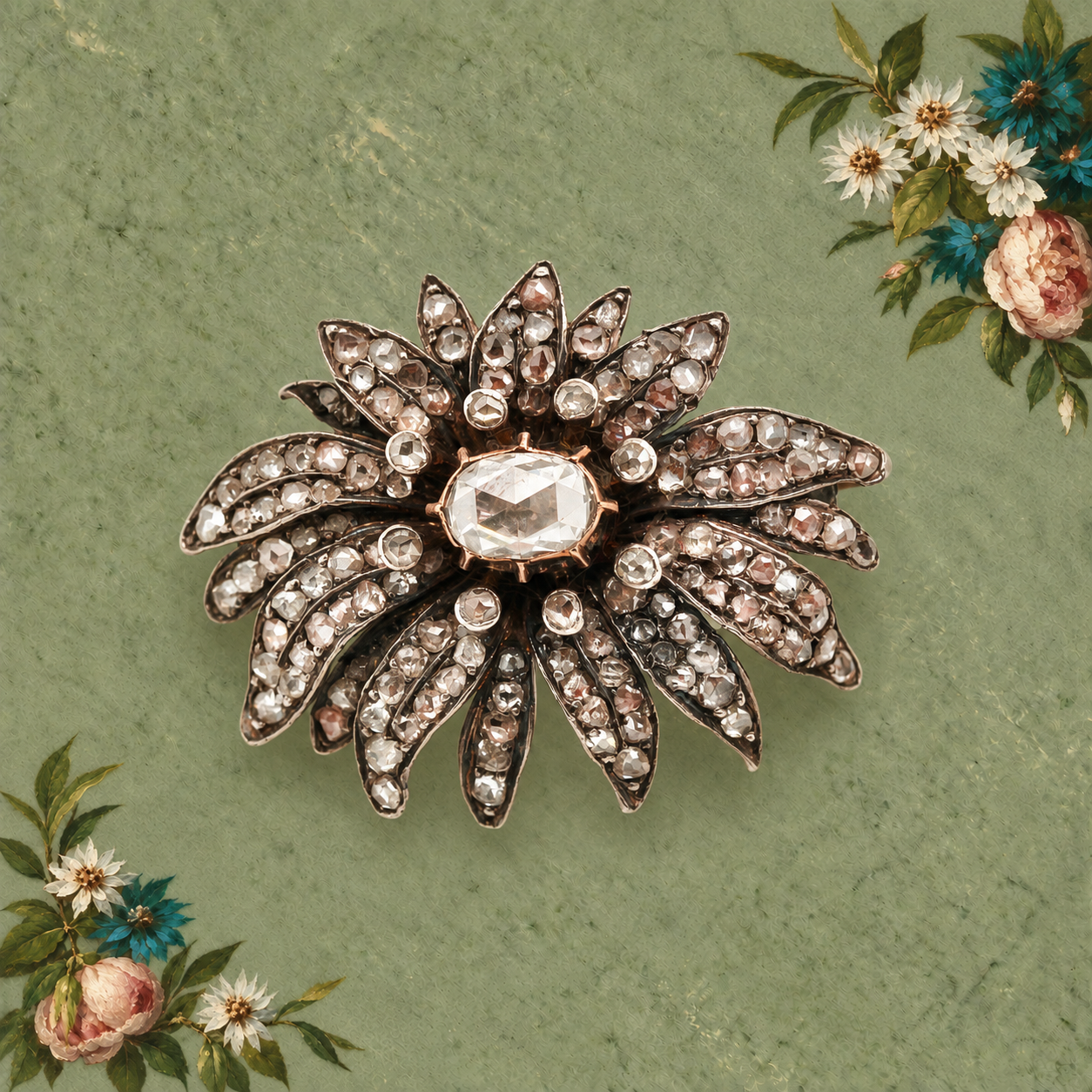 Rose-Cut Radiant Flower Brooch