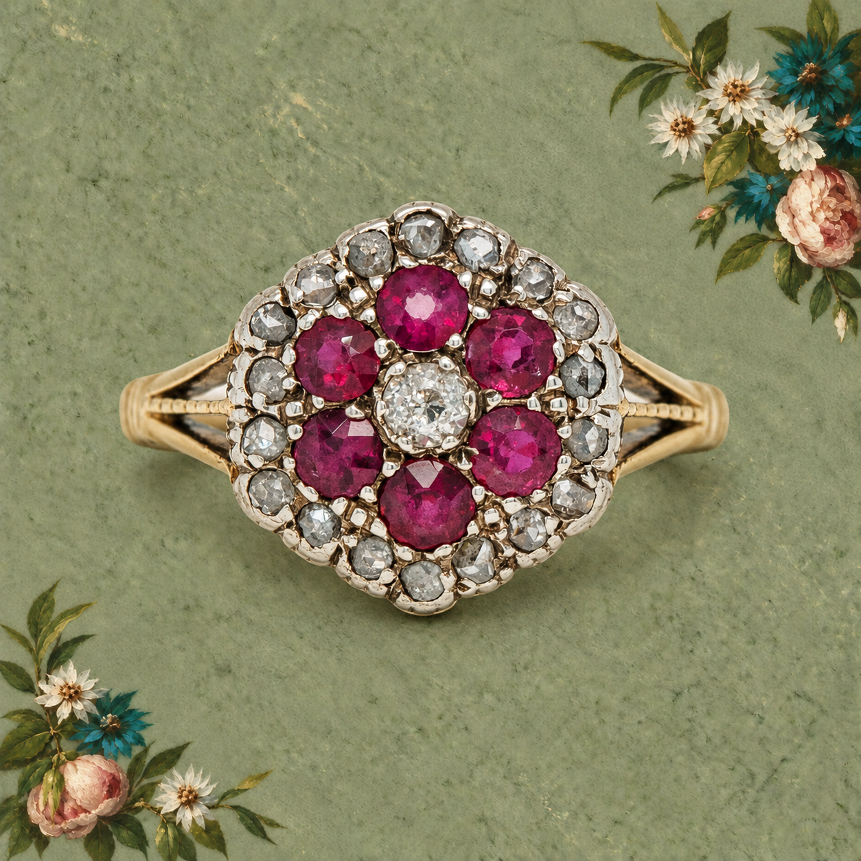Ruby and Diamond Flower Cluster Ring