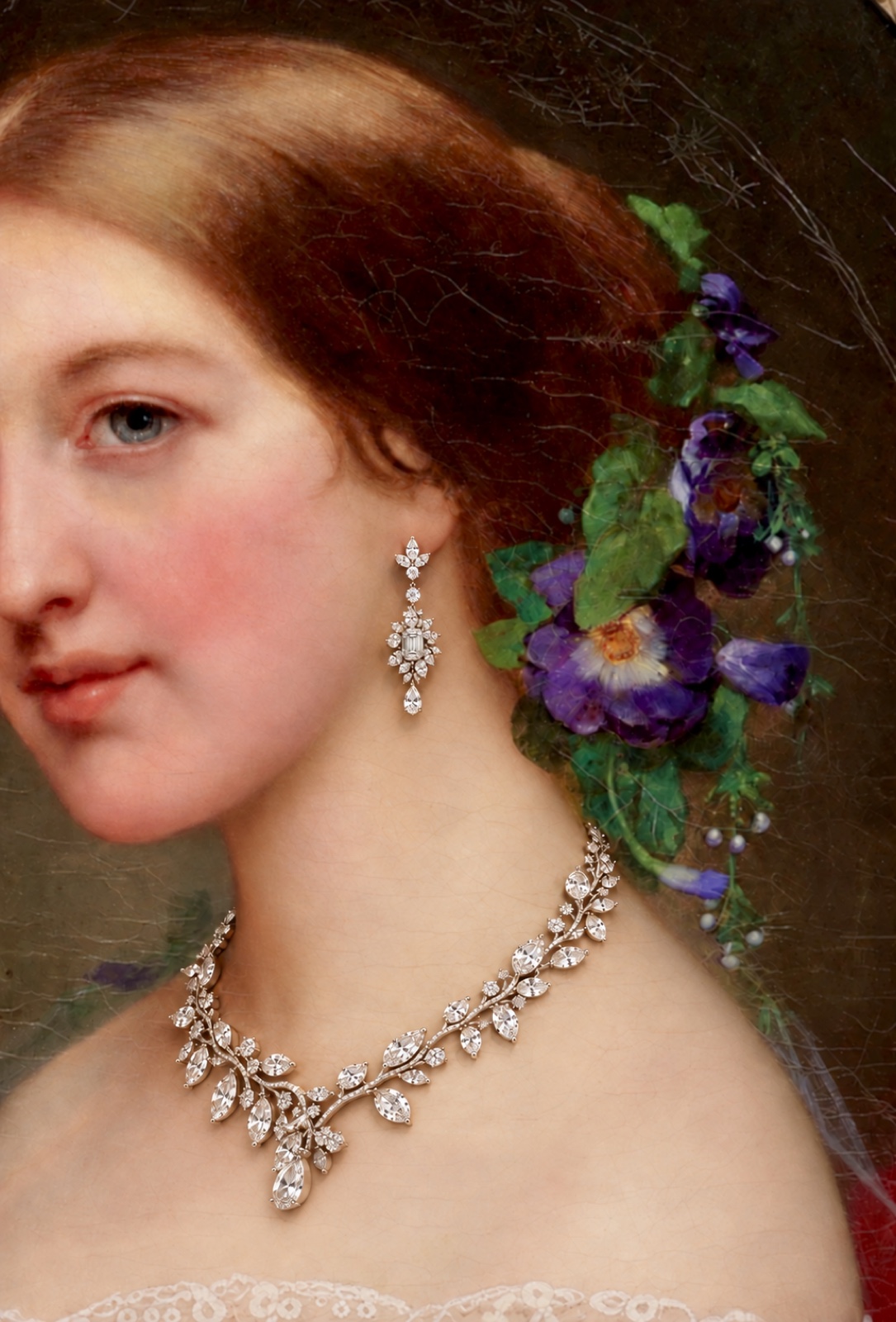Botanical portrait with leaf-inspired diamond earrings and necklace.